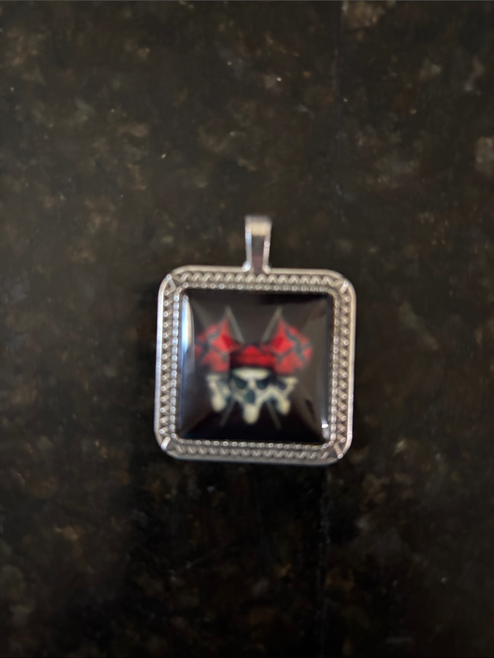 Silver Square Pendant Necklace with Red & Black Skull Motif